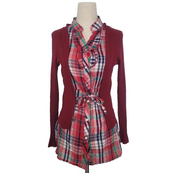 Vintage Y2K Sunshine Plaid Ruffle Cardigan Blouse Size S Red Preppy Teacher Twee - Picture 1 of 9